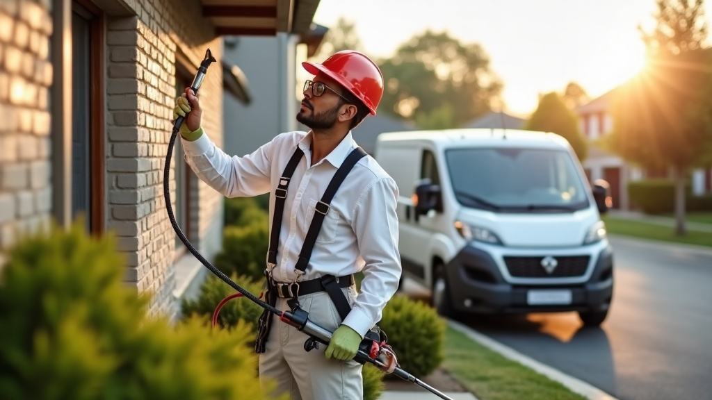 Barnett Pest Solutions technician treating a Belleville, IL home exterior